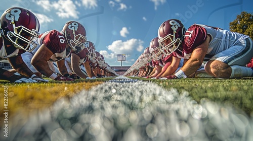 A line of scrimmage on a football field, the offensive and defensive line a facing each other, there is a football on the grass. Generative AI. photo