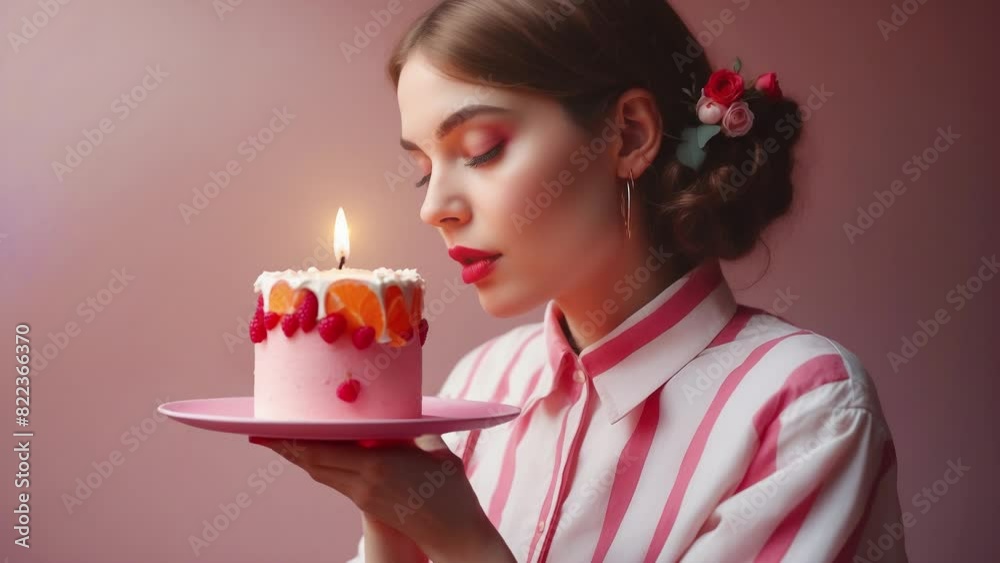 a woman holding a cake with a lit candle in her mouth and a pink frosted cake in front of her face with a candle in her mouth. a woman holding a cake with a lit candle in her mouth and a pink frosted cake in front of her face with a candle in her mouth.
