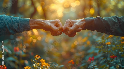 hands fist bump and men in a park with support solidarity and collaboration on blurred background hello hand and friends greeting outdoor with thank you emoji.stock photo photo