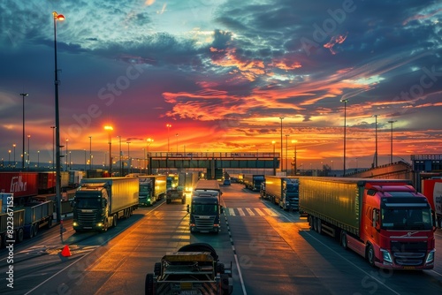 Dynamic Border Crossing Scene with Trucks Awaiting Evening Customs Clearance Under Vibrant Sky