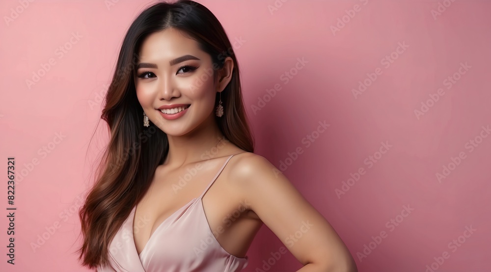 Beautiful attractive asian woman model smiling and posing with her arms isolated on pink background Beautiful attractive asian woman model smiling and posing with her arms isolated on pink background