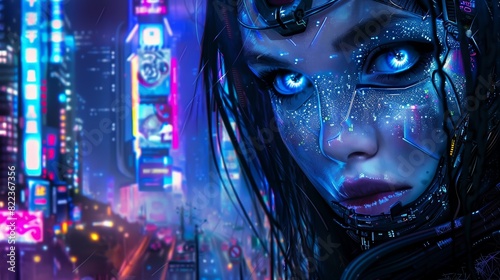 Futuristic Woman with Cybernetic Enhancements in a Neon Cyberpunk Cityscape - Digital Art for Sci-Fi Themes