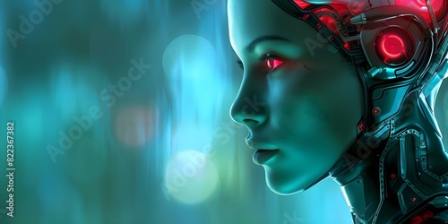 Closeup image of mature android with re. Concept Sci-fi, Technology, Artificial Intelligence, Android, Futuristic