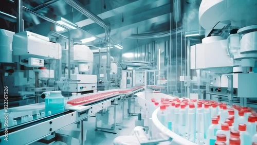 A high-tech laboratory with advanced machinery and a production line for pharmaceutical manufacturing. An innovative production line for the creation of pills and medicines photo