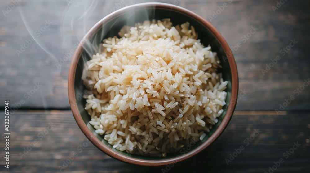 s-eye view of a bowl of cooked brown rice, steaming and ready to be served as a nutritious meal. s-eye view of a bowl of cooked brown rice, steaming and ready to be served as a nutritious meal.