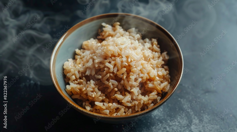 s-eye view of a bowl of cooked brown rice, steaming and ready to be served as a nutritious meal. s-eye view of a bowl of cooked brown rice, steaming and ready to be served as a nutritious meal.
