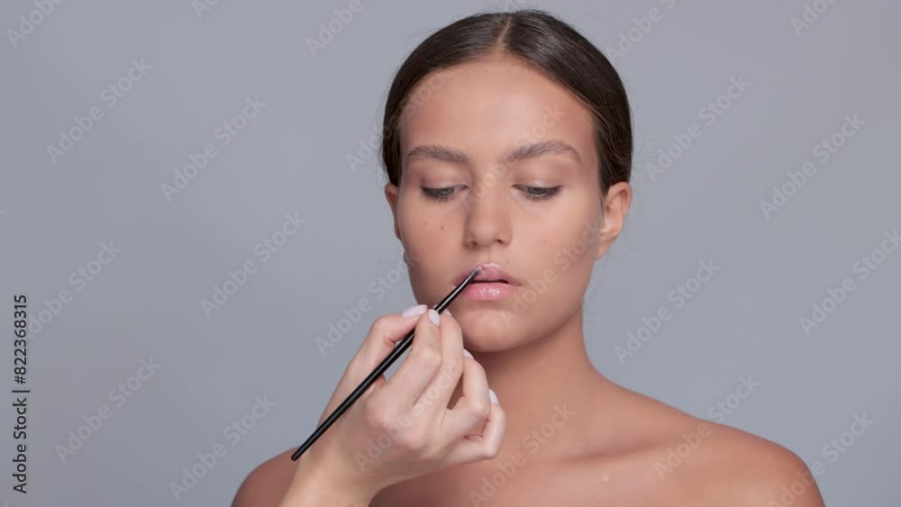 Make-up artist does lips make-up to a beautiful girl. Professional makeup and cosmetology skin care. Make-up artist does lips make-up to a beautiful girl. Professional makeup and cosmetology skin care.