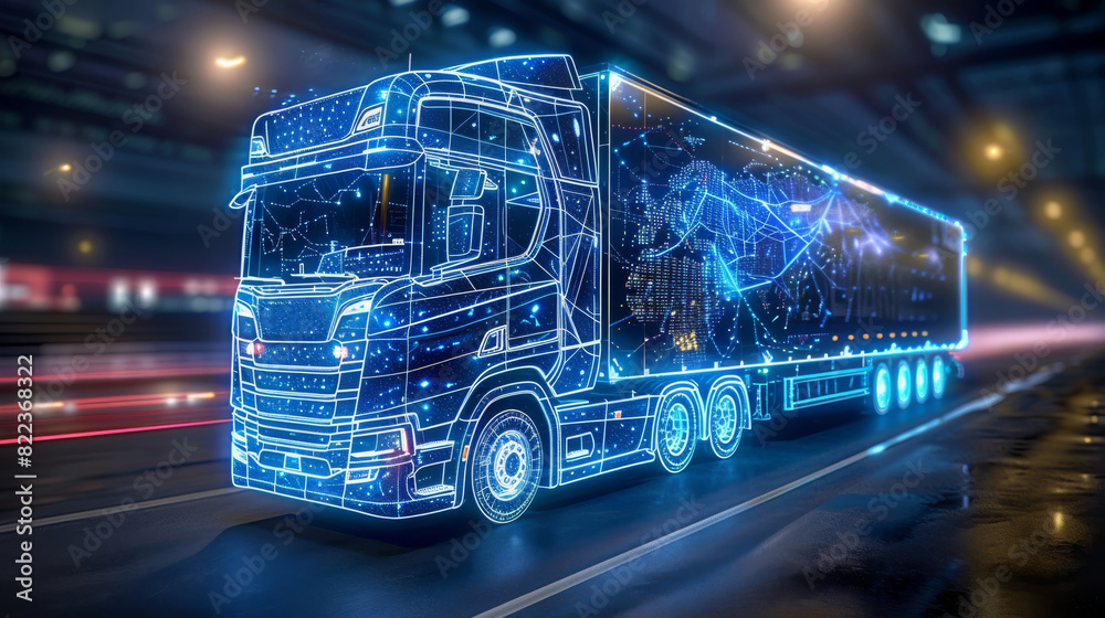 Industrial truck, blue light, 3d wireframe, blue glow lines, black background, blue line. Generative AI. Industrial truck, blue light, 3d wireframe, blue glow lines, black background, blue line. Generative AI.