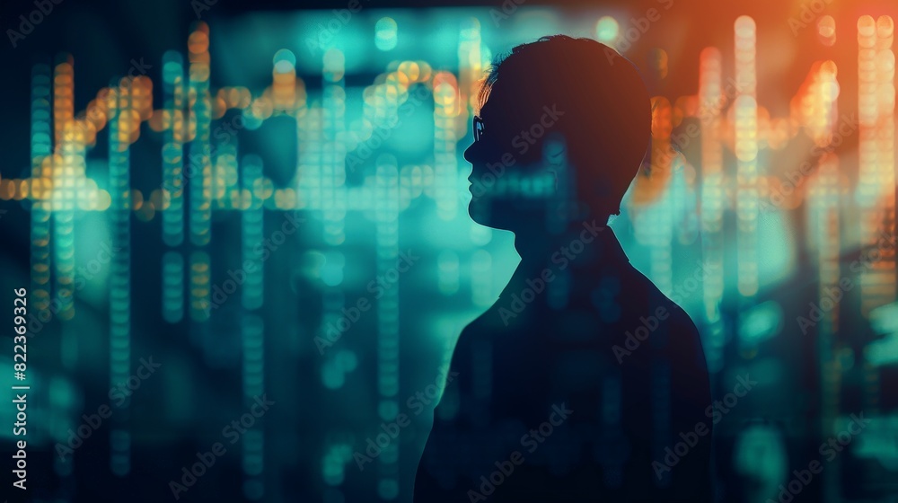 Fototapeta premium Businessmans silhouette merged with financial charts, representing economic insight and strategic planning.
