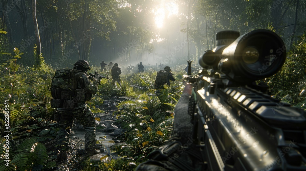 action shooter AAA videogame First person view photo of a shooter battlefield war game with soldiers action shooter AAA videogame First person view photo of a shooter battlefield war game with soldiers