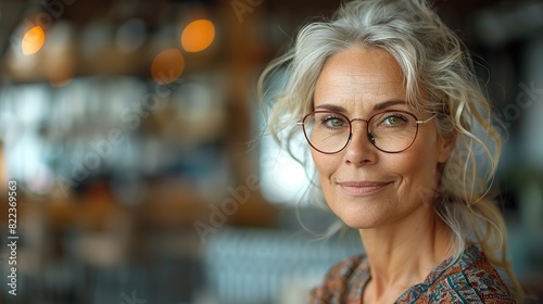 senior woman is photographed looking at the camera successful older businesswoman with spectacles standing in office is a happy old professor.photo illustration
