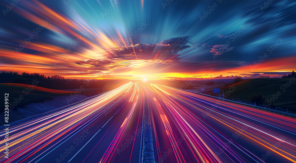A long exposure photo of light trails on the highway at sunset, with vibrant colors and motion blur creating an abstract and dynamic composition. Generative AI.
