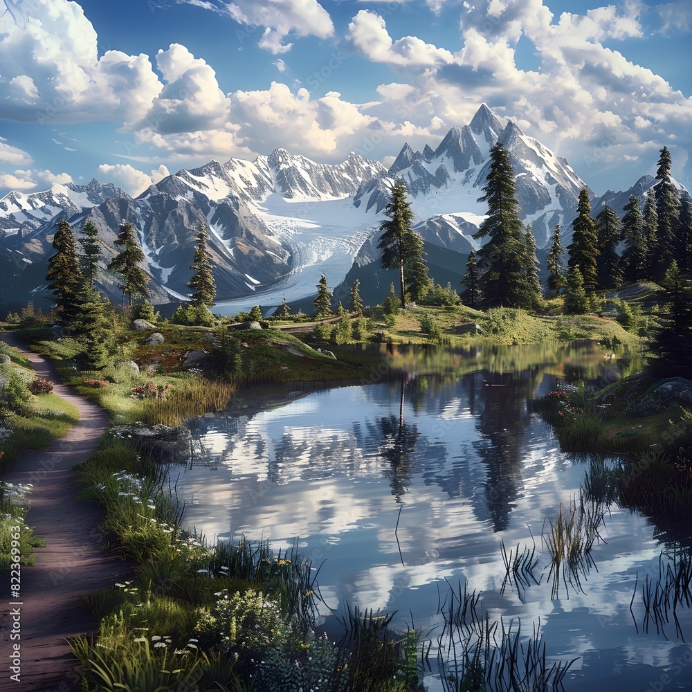 Serene Alpine Landscape Mirrored Mountain Peaks Reflected in Tranquil Lake Surrounded by Verdant Forests and Meadows