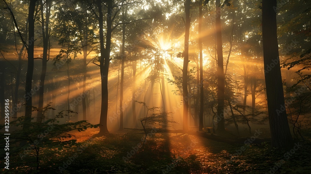 Enchanting Misty Forest Sunrise with Rays of Light Piercing Through the Trees Enchanting Misty Forest Sunrise with Rays of Light Piercing Through the Trees
