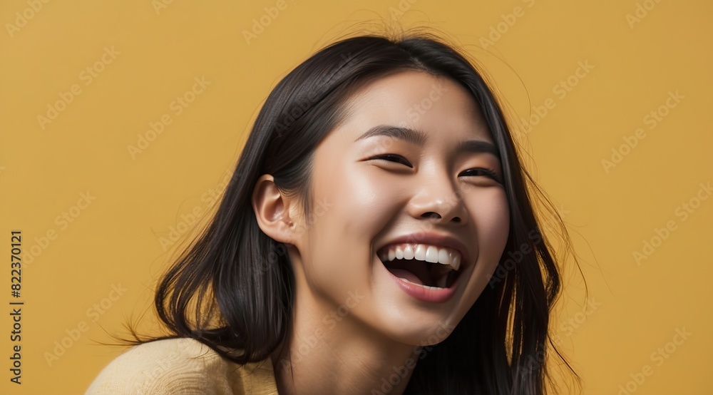 Portrait of a beautiful young asian woman laughing and looking up over yellow background Portrait of a beautiful young asian woman laughing and looking up over yellow background