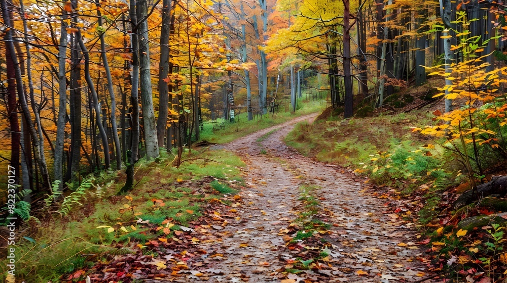 Vibrant Autumnal Forest Trail with Winding Pathway and Colorful Foliage