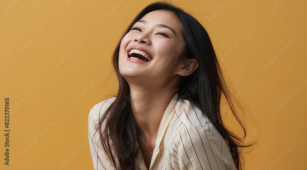 Portrait of a beautiful young asian woman laughing and looking up over yellow background Portrait of a beautiful young asian woman laughing and looking up over yellow background