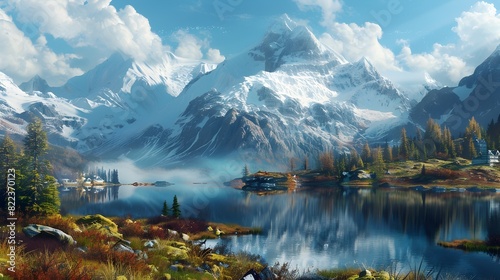Majestic Snowy Mountain Range with Tranquil Mirrored Lake Reflecting Dramatic Peaks