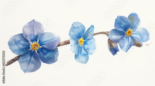 Delicate watercolor sketch of a forget-me-not flower with its tiny blue petals and yellow center photo