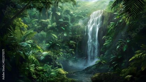 Cascading Waterfall Nestled in a Lush Green Tropical Rainforest Teeming with Verdant Foliage and Serene Ambiance