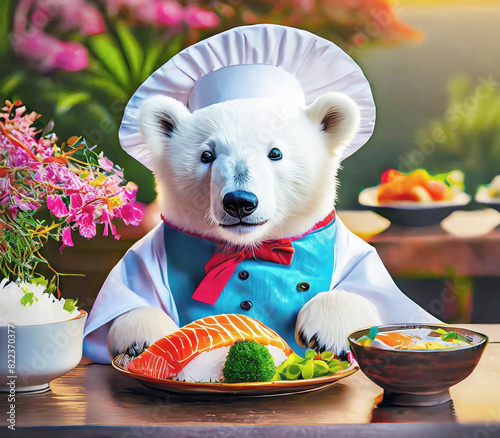 Illustration of a Happy Polar Bear Chef Serving Delectable Sushi Dish on the Table