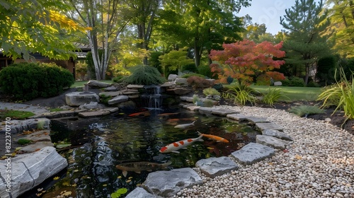 Tranquil Japanese Maple Garden Pond with Koi Fish and Waterfall