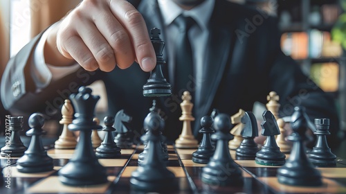 A savvy businessman strategically moves chess pieces on the board game, showcasing planning, leadership, and corporate strategy
