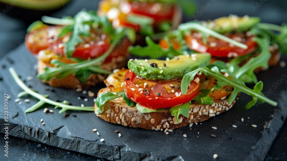 Avocado Toast Platter, slices of avocado toast with tomato and various toppings, presented on a rustic wooden Avocado Toast Platter, slices of avocado toast with tomato and various toppings, presented on a rustic wooden
