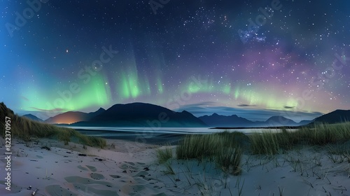 Aurora borealis over the sea, snowy mountains and city lights at night. Northern lights in Lofoten islands, Norway. Starry sky with polar lights. Winter landscape with aurora, reflection, sandy beach photo