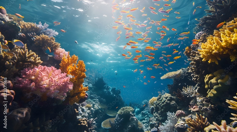 Fototapeta premium Vibrant Underwater Seascape with Diverse Coral Reefs and Marine Life