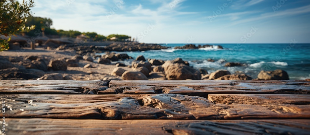 Wooden table on the background of the sea Wooden table on the background of the sea