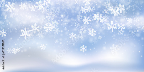 Simple flying snowflakes pattern. Winter speck ice granules. Snowfall weather white blue background. Soft snowflakes christmas vector. Snow cold season scenery. © SunwArt