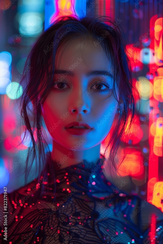 high-fashion urban portrait, an asian woman is depicted in a stylish urban portrait, set against modern skyscrapers and city lights, exuding a bold and fashionable vibe