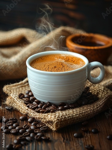 Steaming Coffee Cup with Beans on Rustic Background. Generative ai