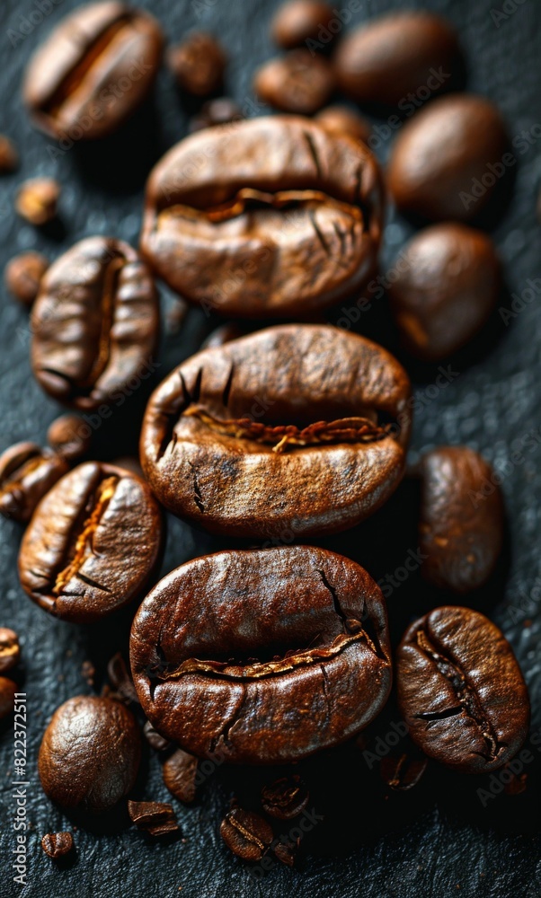 Fototapeta premium Close-Up of Coffee Beans on Dark Background. Generative ai
