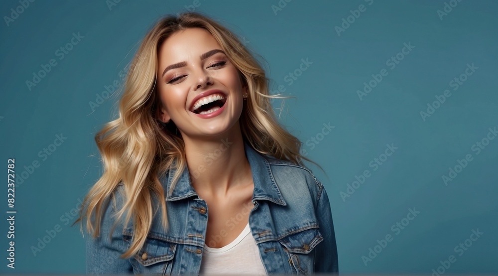Fototapeta premium Beautiful attractive blonde woman model denim jacket is laughing