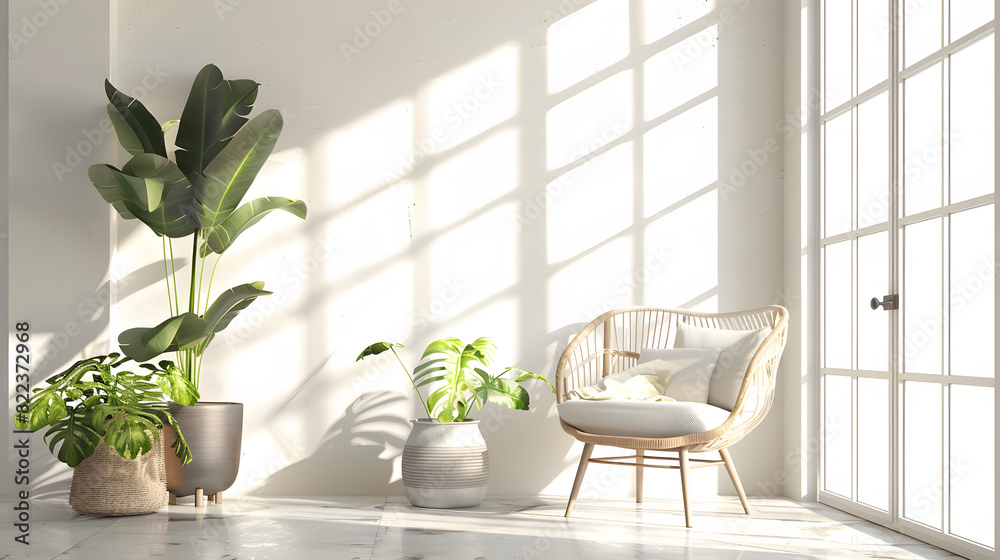 View of modern scandinavian style interior with chair and green plants, home staging, green living and minimalism concept isolated on white background, isometry, png

