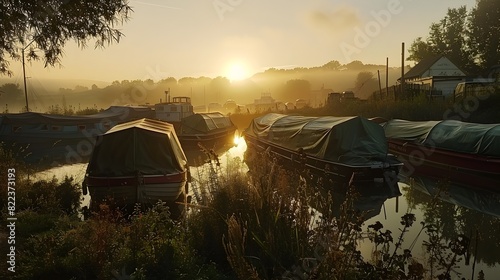 Tranquil Riverside Scene with Moored Boats at Sunset Glow photo