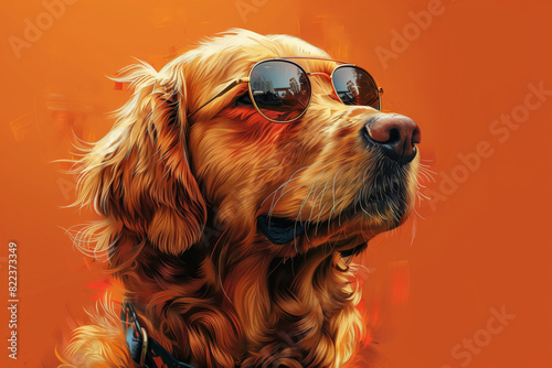 Dog Wearing Sunglasses in Artistic Style. A digital artwork of a dog wearing sunglasses, rendered in a vibrant, detailed pixel art style with an orange background. photo