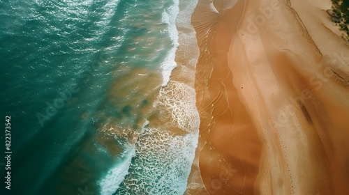 Breathtaking Aerial View of Pristine Tropical Beach and Turquoise Ocean Waves Crashing on the Shoreline photo