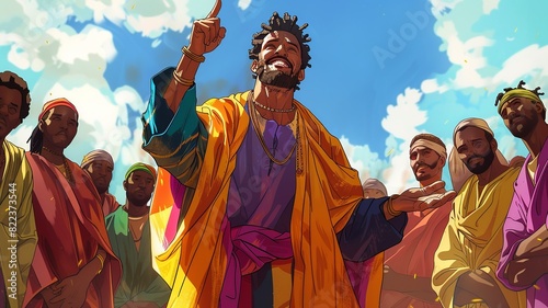 Explore a humorous illustration capturing Joseph's escapades in his coat of many colors, showcasing the diverse reactions of people around him in a comical and engaging manner