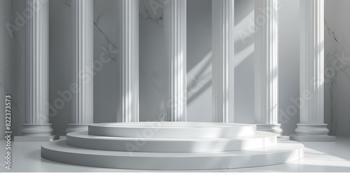 3D Romanstyle white podium with columns for product display in a classic setting. Concept 3D Design  Roman Style  White Podium  Columns  Product Display  Classic Setting