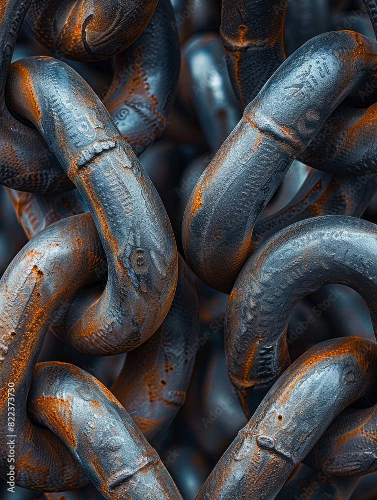 Close-up of interconnected metal chains with some rust. Close-up of interconnected metal chains with some rust.