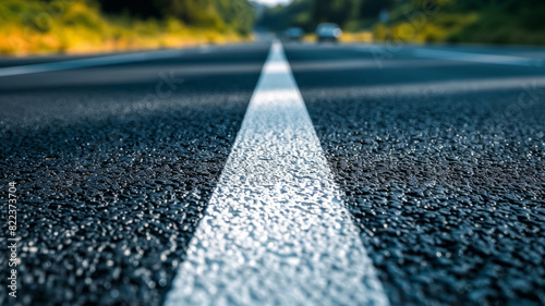 Closeup view of an empty asphalt road with a white line