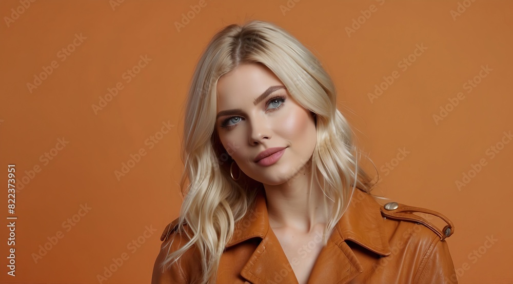 Beautiful attractive blonde woman model with her finger pointing on a isolated orange background Beautiful attractive blonde woman model with her finger pointing on a isolated orange background