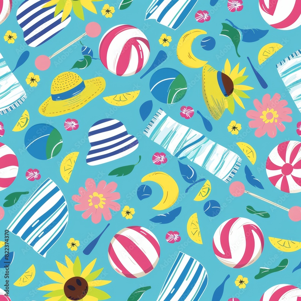 Playful Seamless Summer Pattern with Volleyballs, Sun Hats, and Beach Towels for Seasonal Retail Products