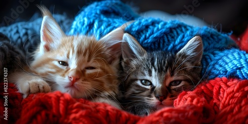 Join a cozy feline knitting club with two adorable cats. Concept Cozy Knitting Club, Feline Friends, Adorable Cats, Crafting Community, Relaxing Hobby photo