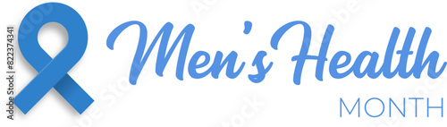 Mens health month concept horizontal banner design template with blue ribbon and text isolated on white background. June is national mens health awareness month vector flyer or poster