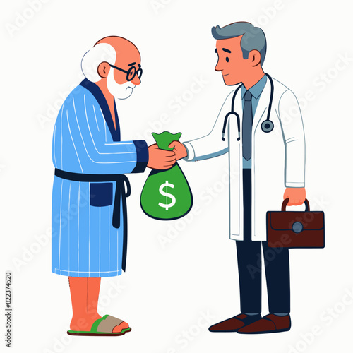 Vector illustration of an elderly patient paying a doctor for out-of-pocket medical expenses, isolated on a white background