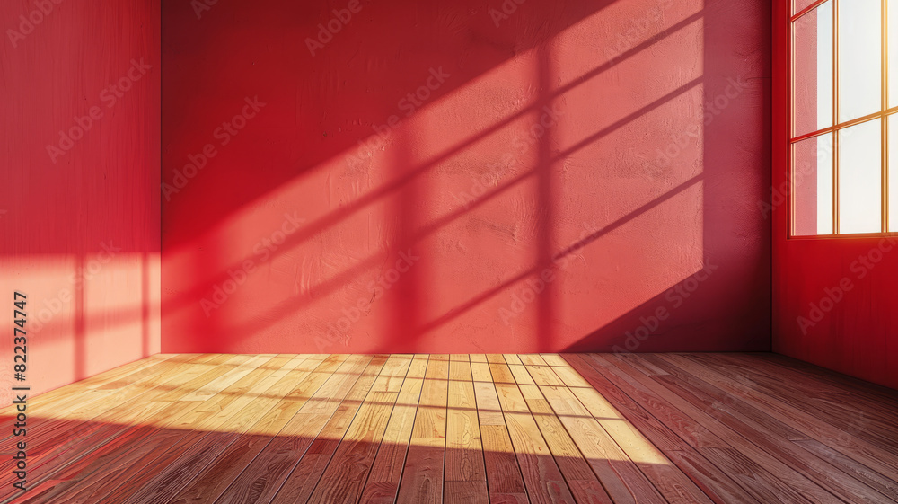 A bright empty room with red walls and sunlight on wooden floor A bright empty room with red walls and sunlight on wooden floor